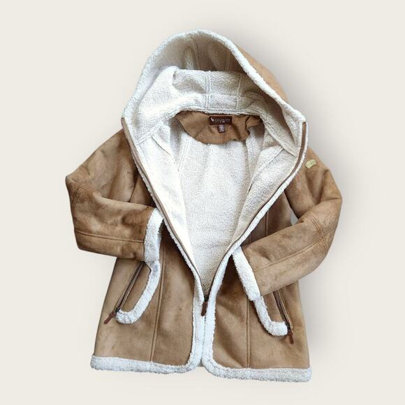 Koolaburra By UGG Coat Women's Sz S Suede Hooded Shearling Faux Fur Sherpa Lined - Picture 1 of 10